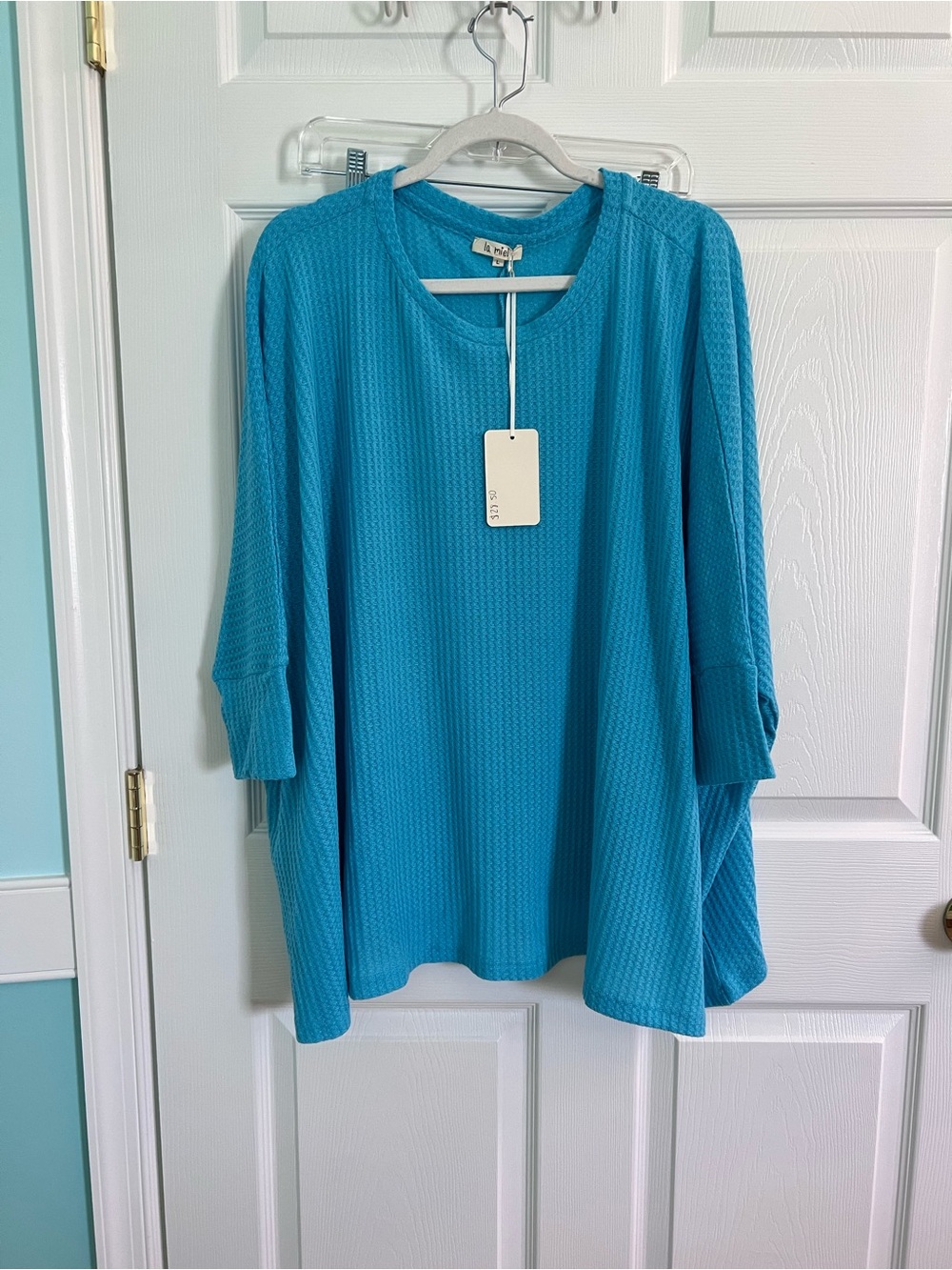 LA MIEL Relaxed Waffle Knit Top - Turquoise Blue